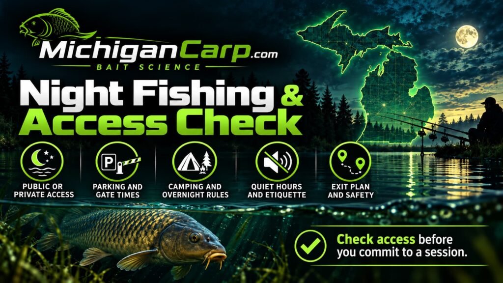 Michigan carp night-fishing access flowchart showing fishing regulations, property hours, campground status and posted local rules.