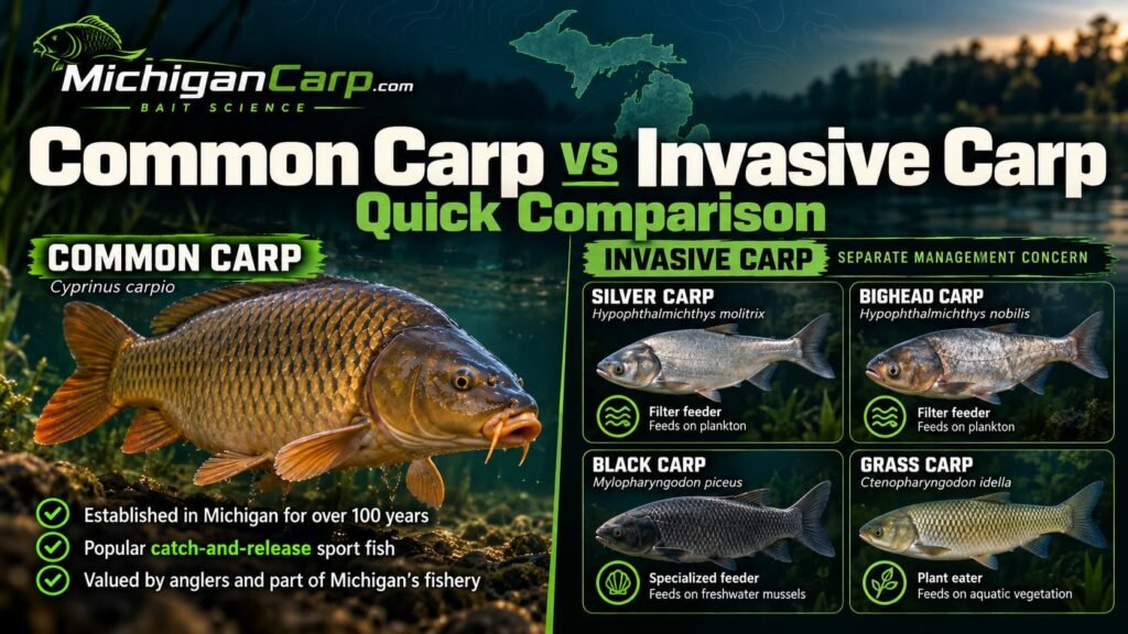 Common carp vs invasive carp comparison showing common carp, silver carp, bighead carp, black carp and grass carp.