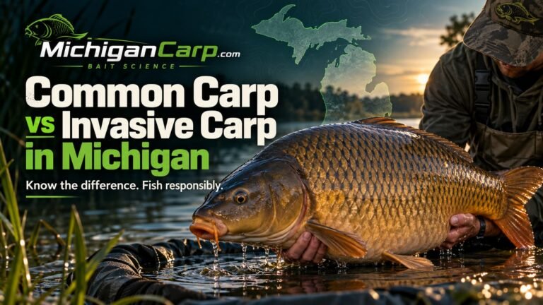 Common carp vs invasive carp in Michigan guide featuring a large wild common carp and Michigan map.