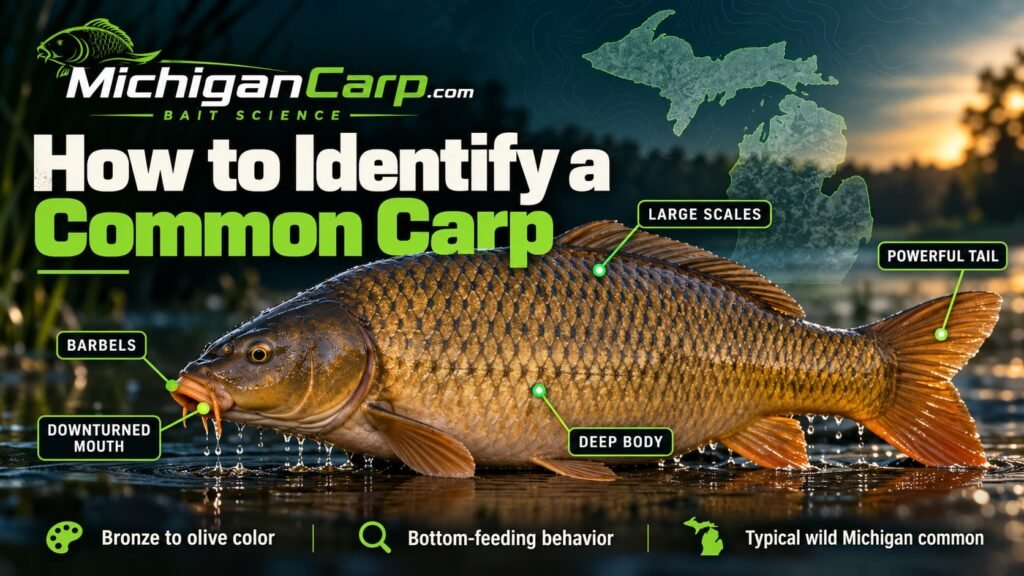 How to identify a common carp using barbels, large scales, deep body, downturned mouth and powerful tail.
