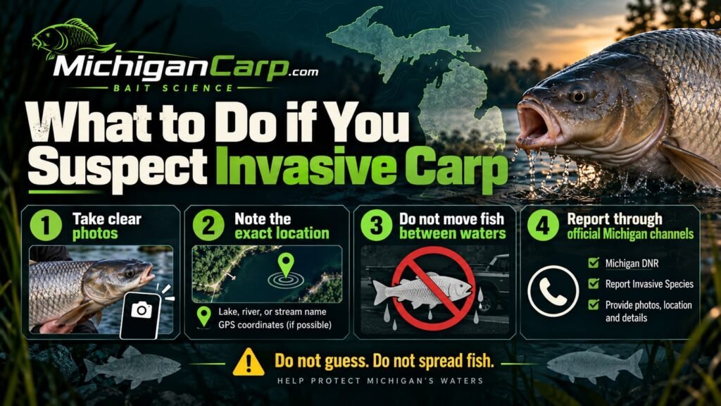  Michigan invasive carp response guide showing how to photograph, record location, avoid moving fish and report the sighting.