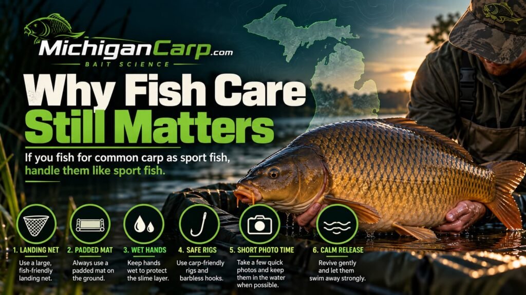 Common carp fish care checklist showing landing net, padded mat, wet hands, safe rigs, short photo time and careful release.