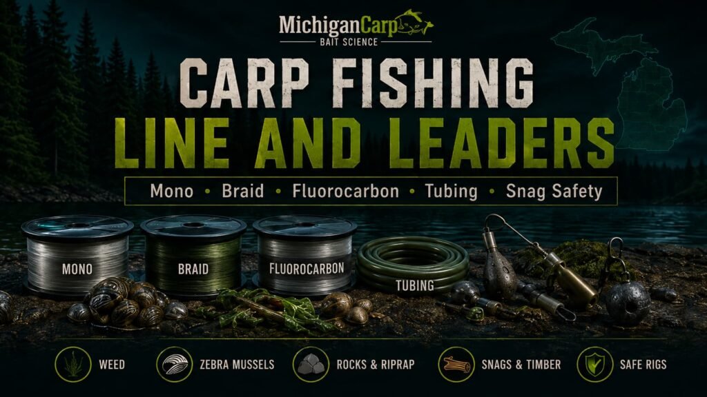 Carp fishing line Michigan showing mono braid fluorocarbon tubing lead-free leaders snag leaders zebra mussels rocks weed and safe carp rigs