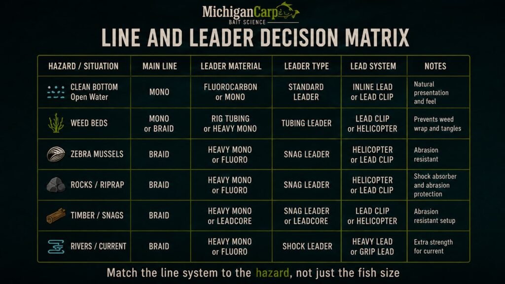 Carp line and leader decision matrix for Michigan showing mono braid fluorocarbon tubing snag leaders shock leaders weed rocks zebra mussels and safe lead systems