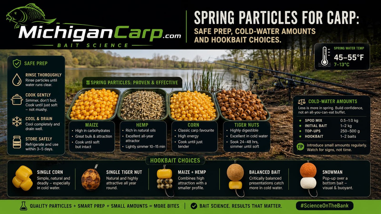 Spring particles for carp showing maize, hemp, corn, tiger nuts and small cold-water baiting amounts for Michigan carp fishing
