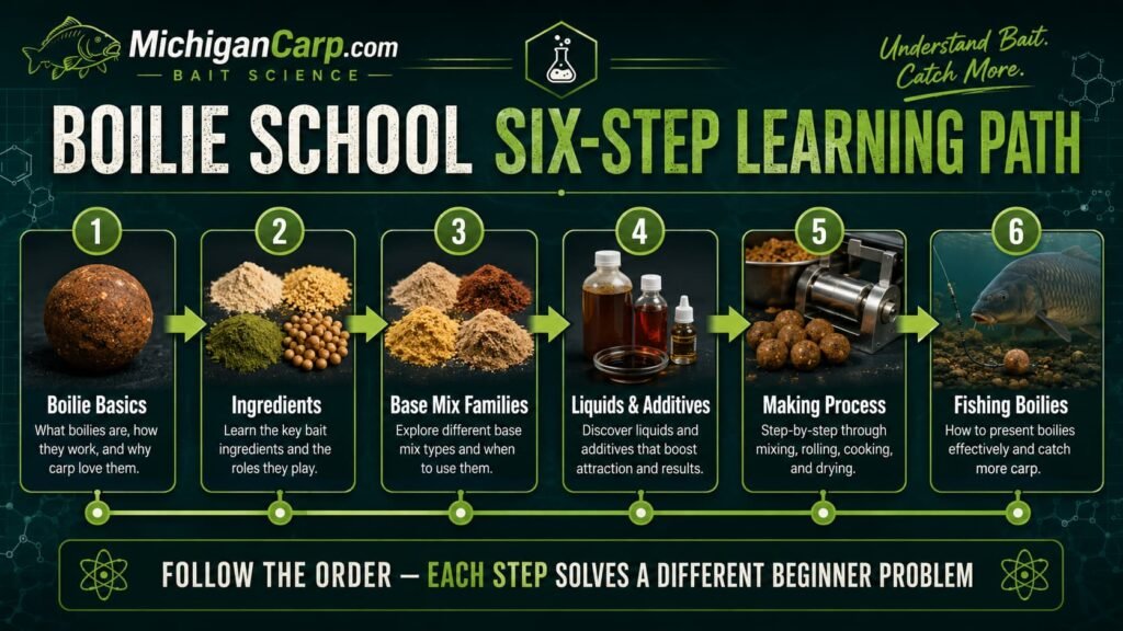 Boilie School six step learning path from boilie basics to ingredients, base mix families, liquids, making process and fishing strategy