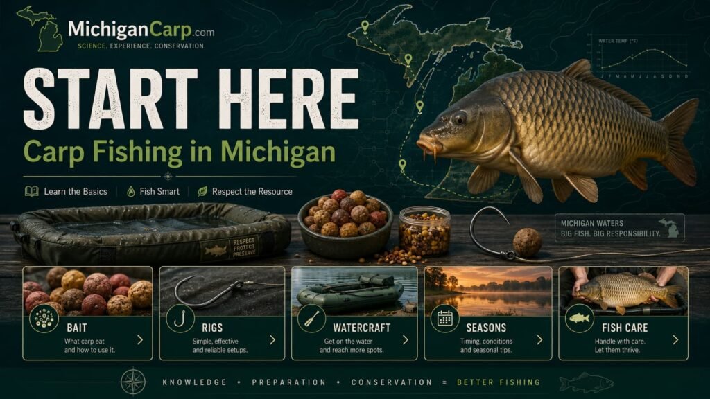Start here guide for carp fishing in Michigan showing carp bait, rigs, watercraft, seasons and fish care