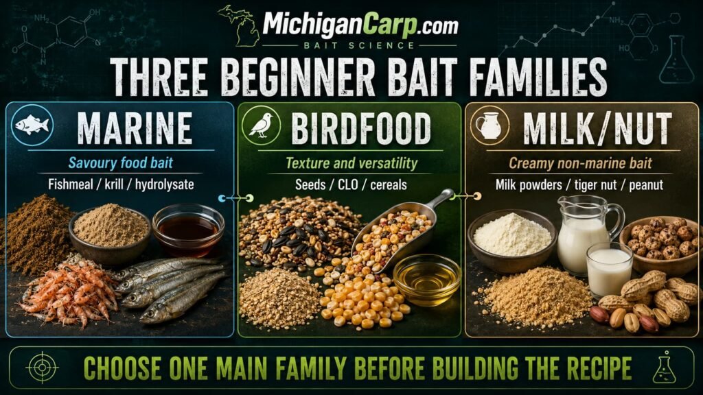 Beginner boilie bait families showing marine, birdfood and milk nut boilie base mix styles