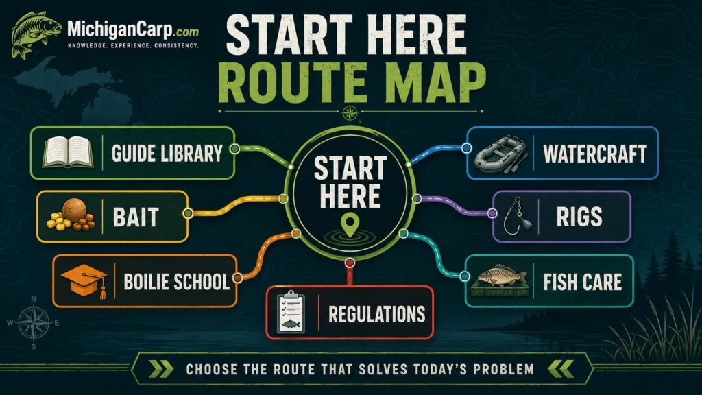 Michigan Carp start here route map showing guide library, bait, boilies, watercraft, rigs, fish care and regulations