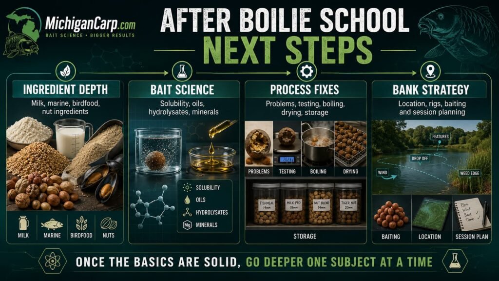 After Boilie School next steps showing ingredient guides, bait science, testing, problems and fishing strategy