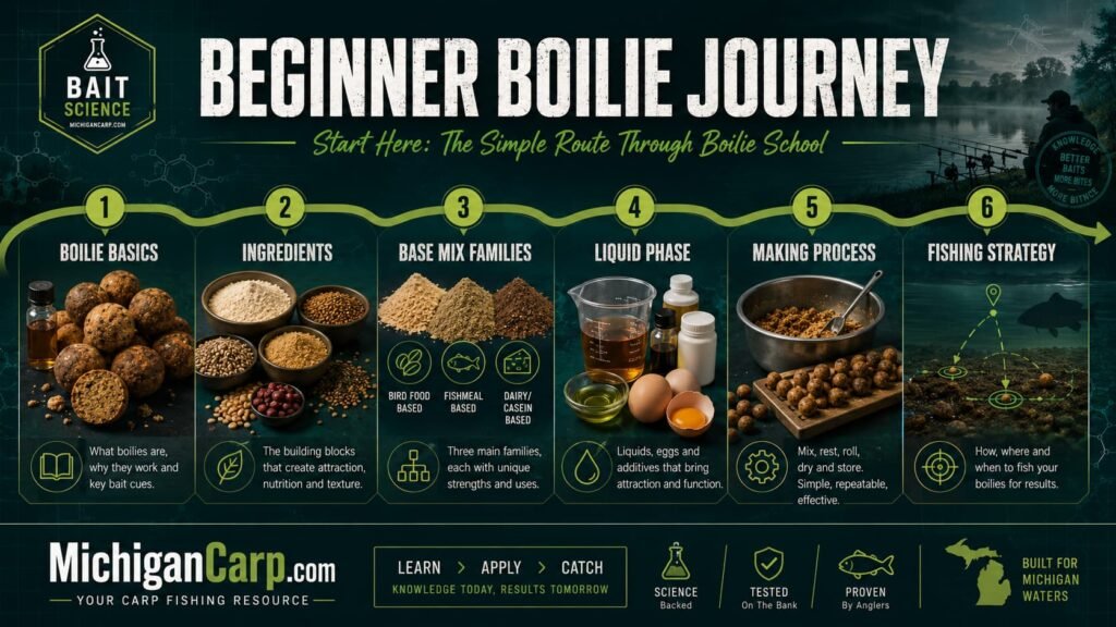 Beginner boilie journey showing the step by step route from boilie basics to ingredients, liquids, rolling and fishing boilies for carp