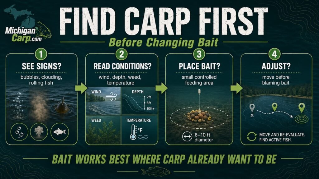 Find carp first decision guide showing signs of feeding carp, wind, depth, weed edges and bait placement