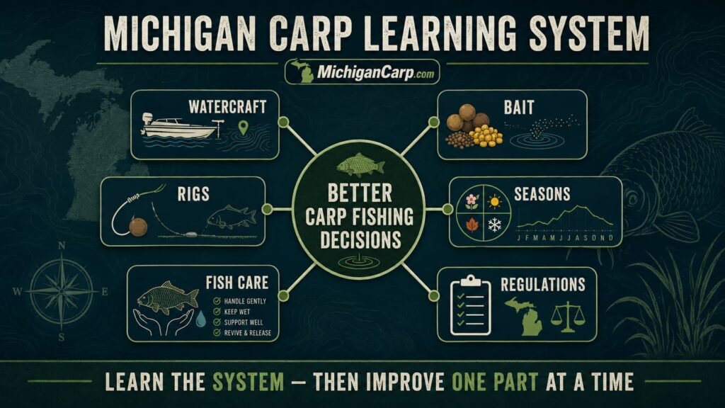 Michigan Carp learning system showing watercraft, bait, rigs, seasons, fish care and regulations working together