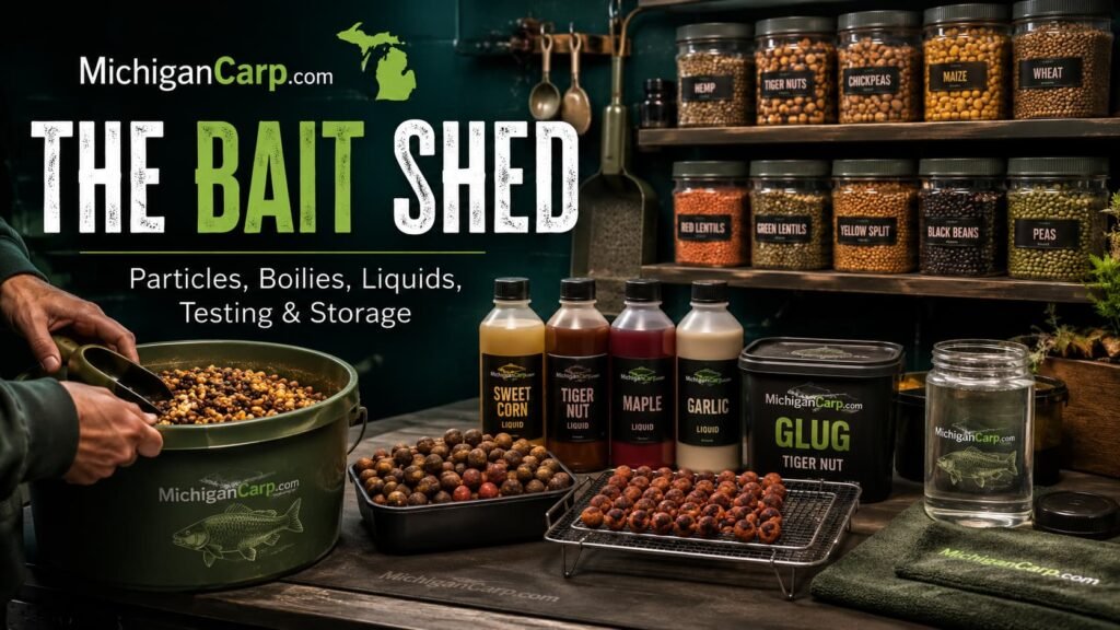 The Bait Shed showing practical carp bait prep with particles, boilies, liquids, glugs, storage tubs and bait testing