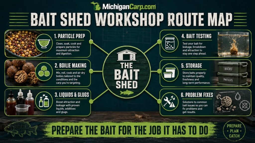 Bait Shed workshop route map showing particles, boilies, liquids, testing, storage and bait troubleshooting