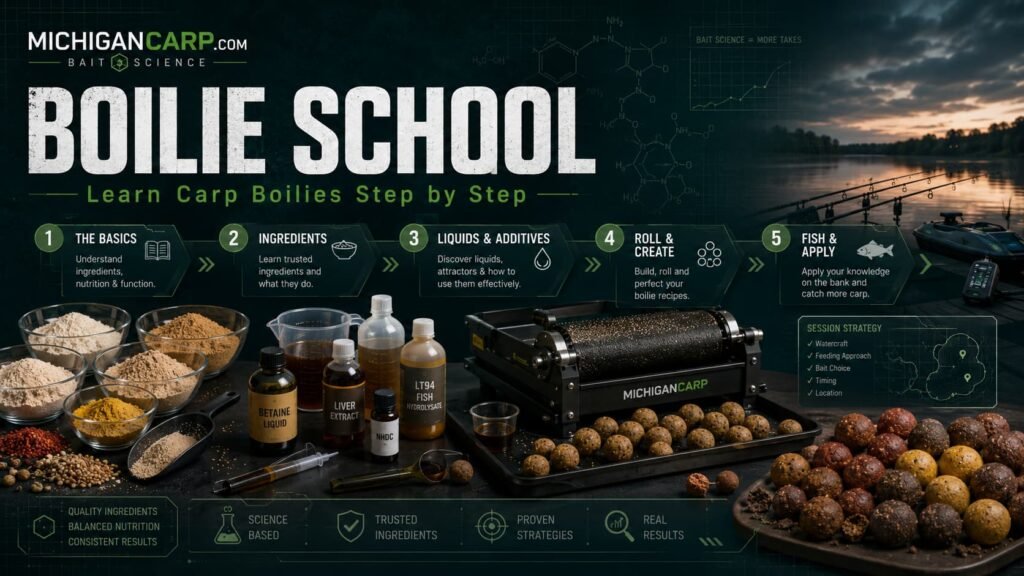 Boilie School hub showing the step by step learning path from boilie basics to ingredients, liquids, making and fishing carp boilies