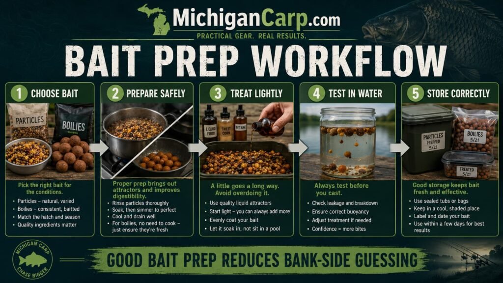 Bait prep workflow showing particle preparation, boilie making, liquid treatment, water testing and storage