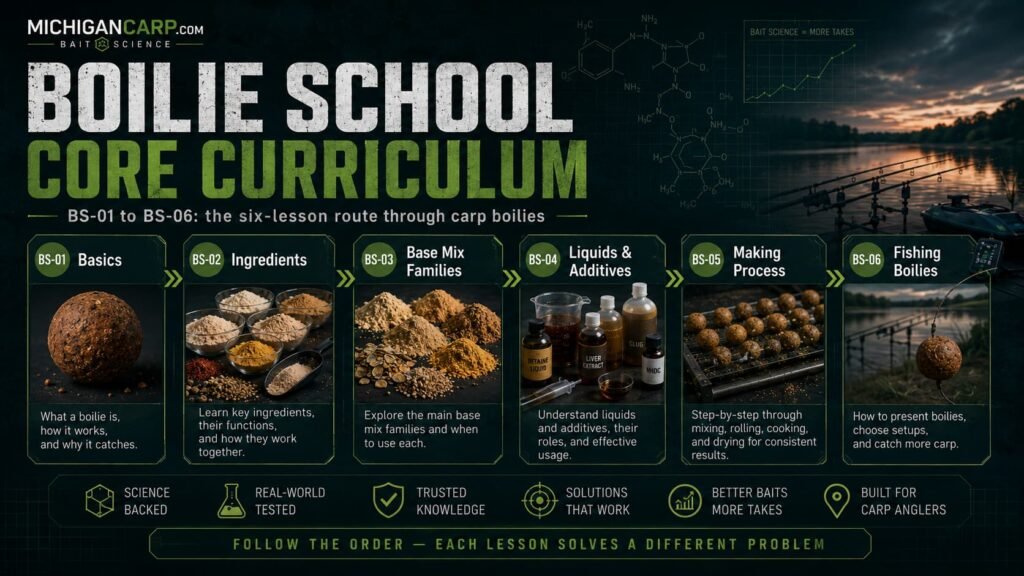 Boilie School core curriculum showing BS-01 to BS-06 from basics and ingredients to liquids, making process and fishing boilies