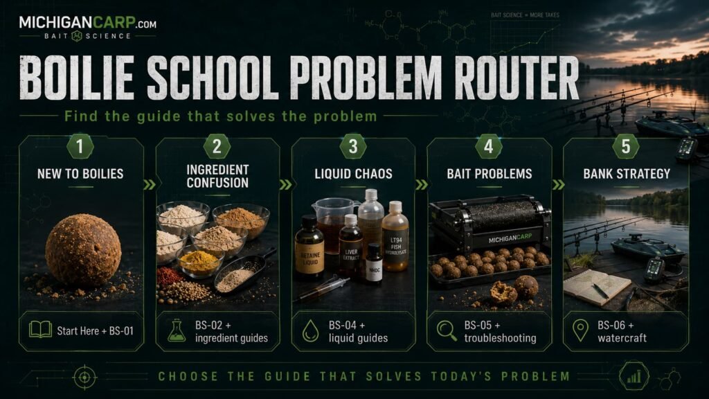 Boilie School problem router showing which carp boilie guide to read for ingredients, liquids, rolling, storage, bait problems and fishing strategy