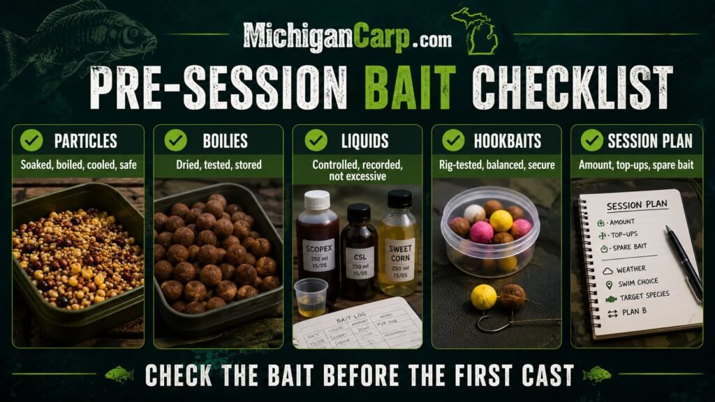 Pre-session carp bait checklist showing particles, boilies, liquids, hookbaits, storage and session bait plan