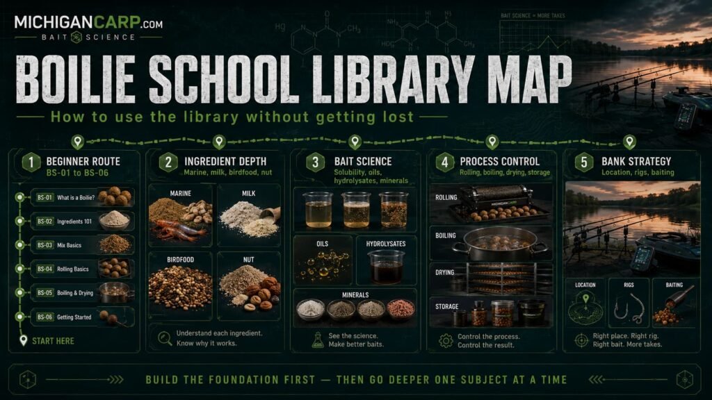 Boilie School library map showing beginner route, ingredient depth, bait science, making process and fishing strategy