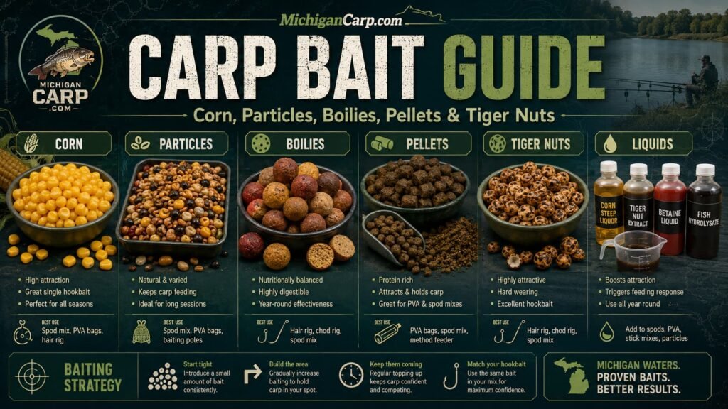 Carp bait guide for Michigan showing corn, particles, boilies, pellets, tiger nuts and baiting strategy