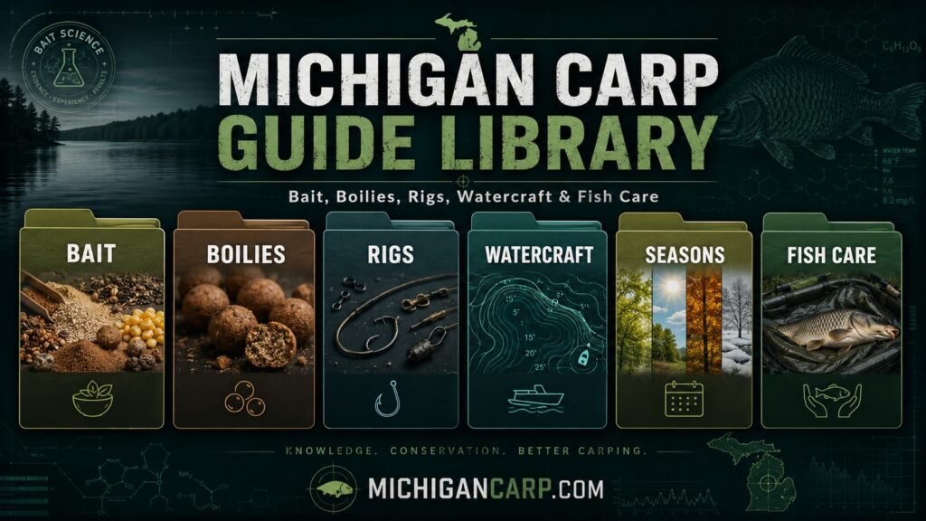 Michigan Carp Guide Library showing organized carp fishing guides for bait, boilies, rigs, watercraft, seasons and fish care
