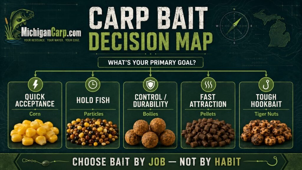 Carp bait decision map showing when to use corn, particles, boilies, pellets and tiger nuts for Michigan carp fishing