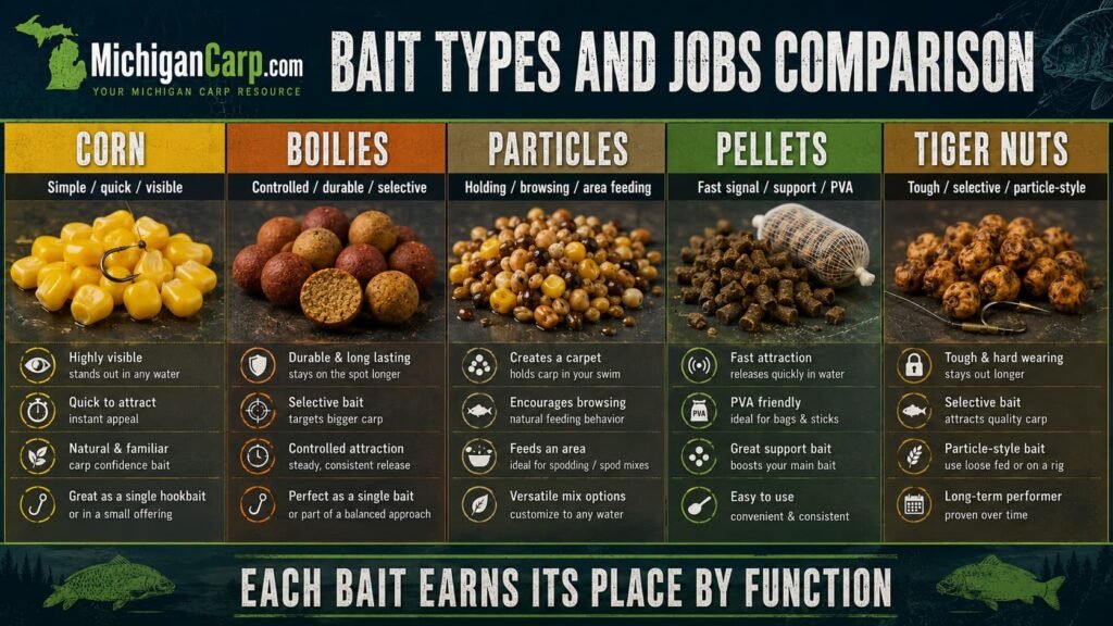 Comparison of corn, boilies, particles, pellets and tiger nuts by bait job for carp fishing
