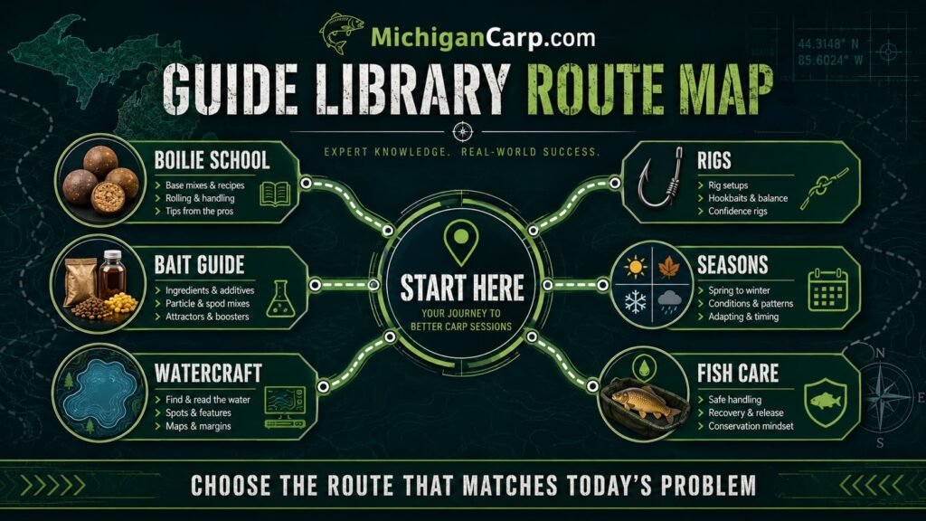Michigan Carp Guide Library route map showing start here, bait, boilies, rigs, watercraft, seasons and fish care