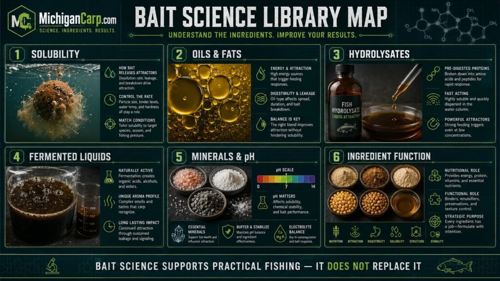 Michigan Carp bait science library map showing solubility, oils, hydrolysates, liquids, minerals and ingredient function