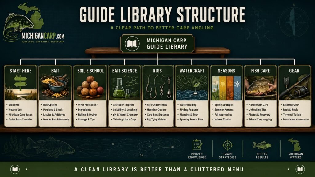 Michigan Carp Guide Library structure showing bait, boilies, rigs, watercraft, seasons, fish care and gear sections