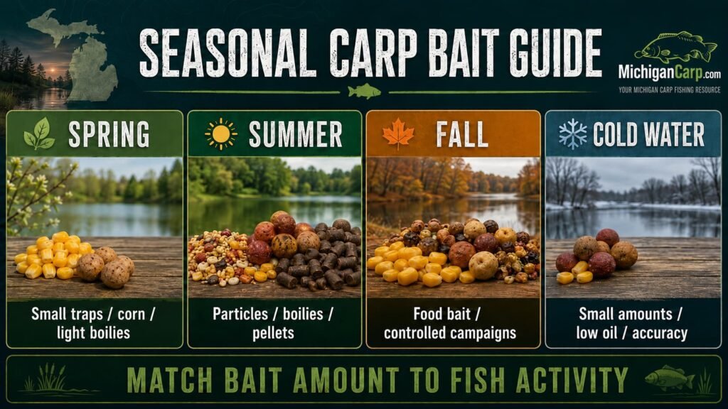 Seasonal carp bait guide for Michigan showing spring, summer, fall and cold water bait choices