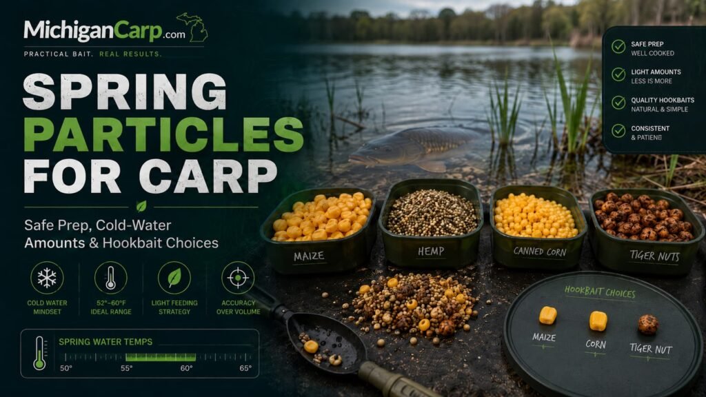 Spring particles for carp showing maize, hemp, corn, tiger nuts and small cold-water baiting amounts for Michigan carp fishing