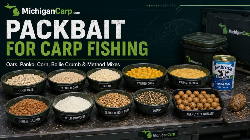 Packbait for carp fishing showing oats panko corn creamed corn boilie crumb milk powders and blended particles for Michigan carp bait