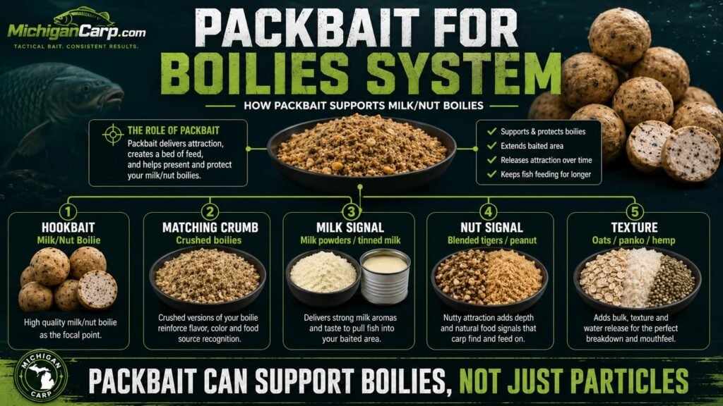 Packbait for boilies showing boilie crumb milk powders blended tiger nuts peanuts hemp oats panko and milk nut boilies