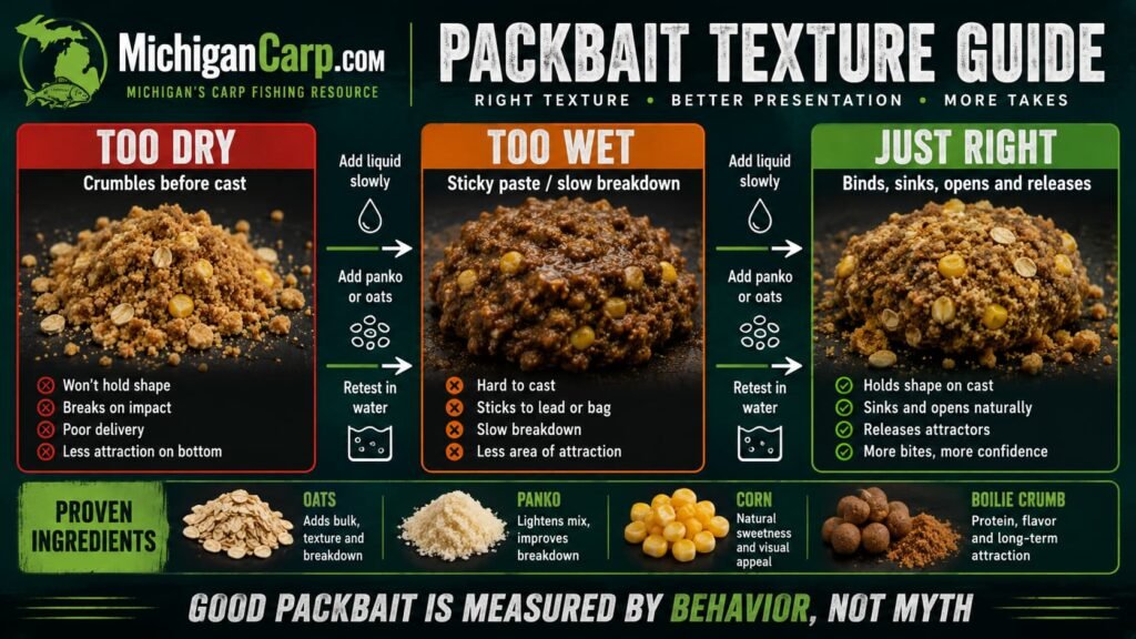 Packbait texture guide showing too dry too wet and just right carp method mix for oats panko corn and boilie crumb