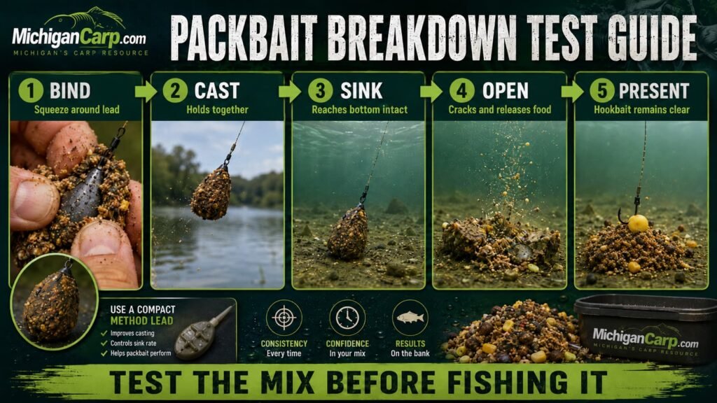 Packbait breakdown test showing bind cast sink open and release stages for carp fishing method mix