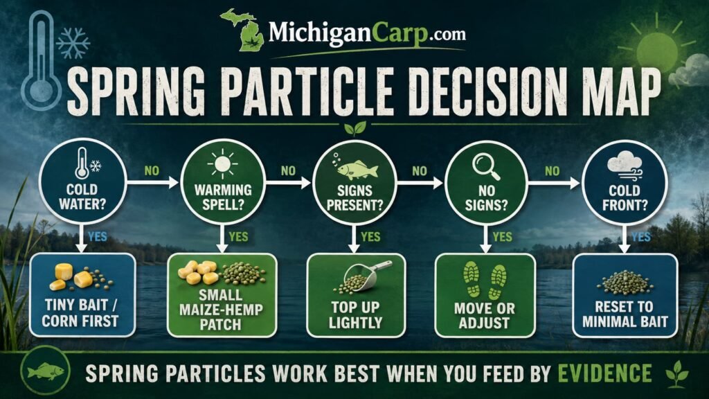 Spring particle decision map showing cold water warming spells cold fronts light baiting and hookbait choices for carp
