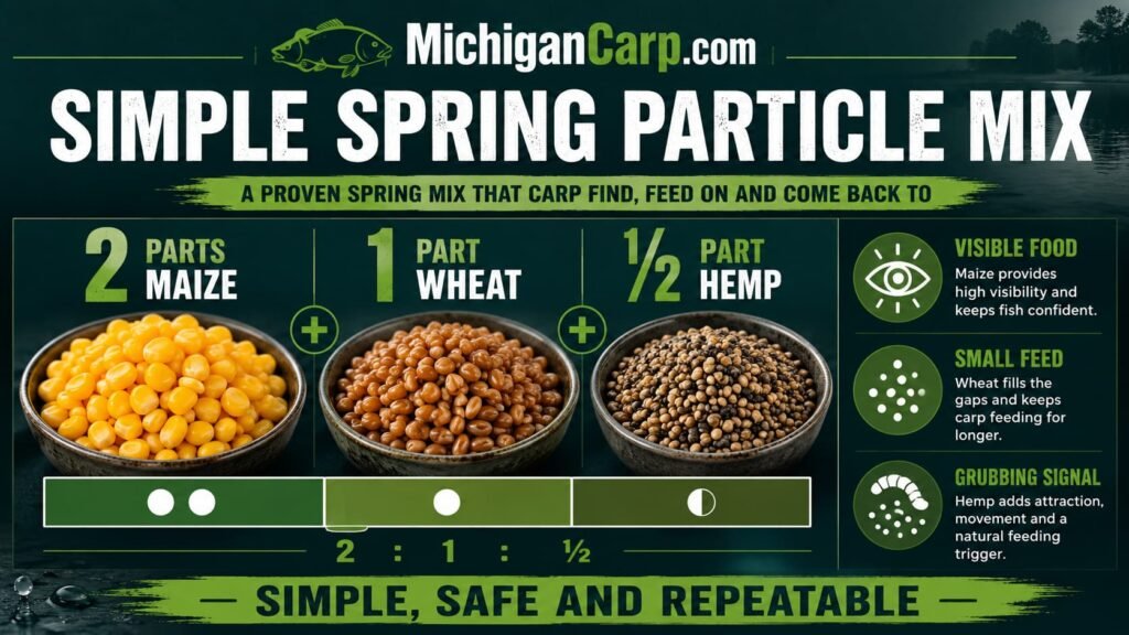 Simple spring particle mix for carp showing maize wheat and hemp in a two one half ratio