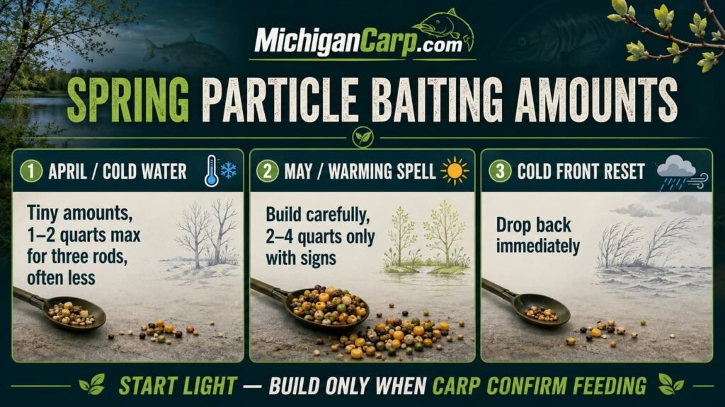 Spring particle baiting amounts showing April cold water May warming spells and cold front reset for carp fishing