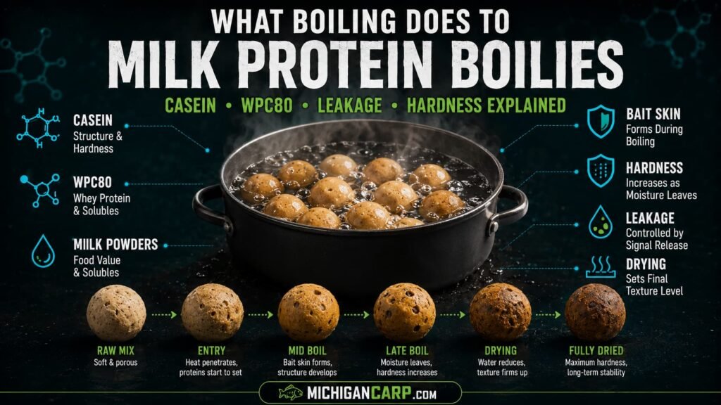 What boiling does to milk protein boilies showing casein WPC80 milk powders boiling pan bait skin hardness leakage and drying