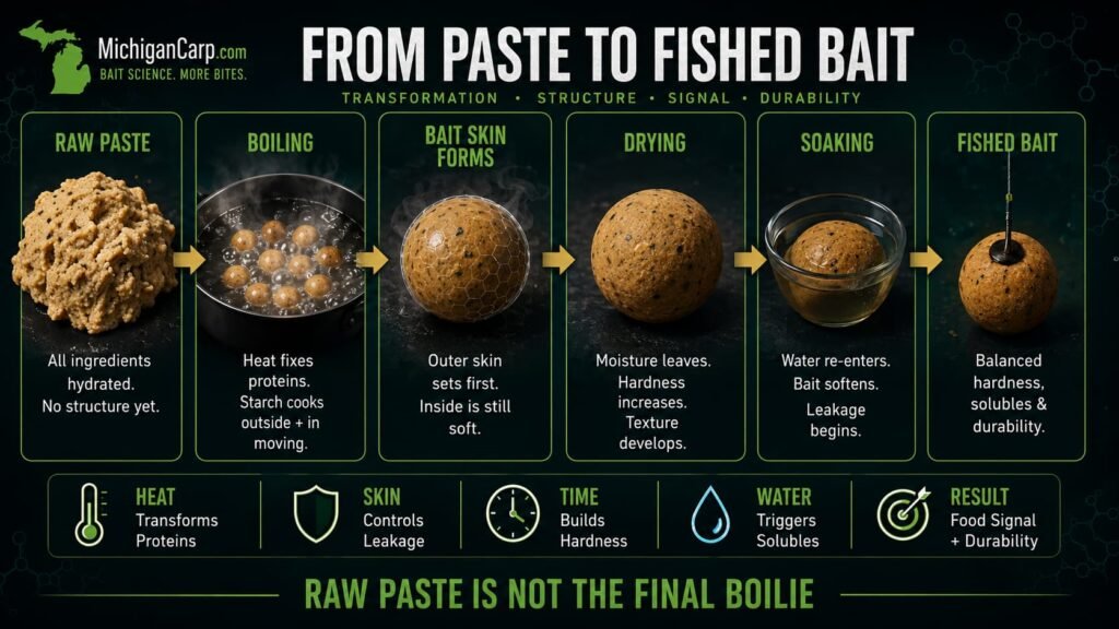 Boiling transformation diagram for milk protein boilies showing raw paste boiling bait skin drying soaking leakage and finished bait