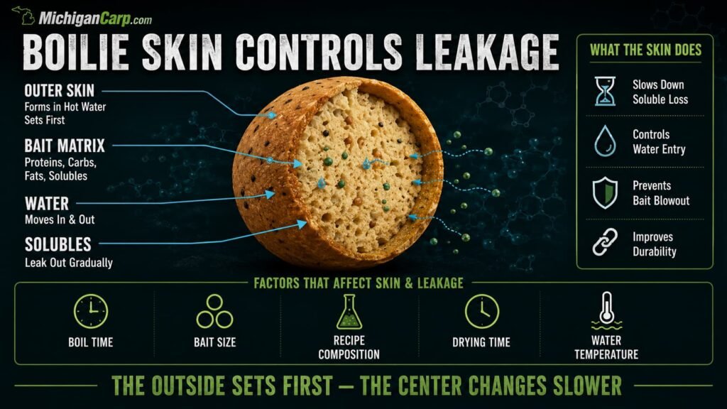 Milk protein boilie skin and leakage diagram showing outer skin internal bait matrix solubles water movement and leakage after boiling