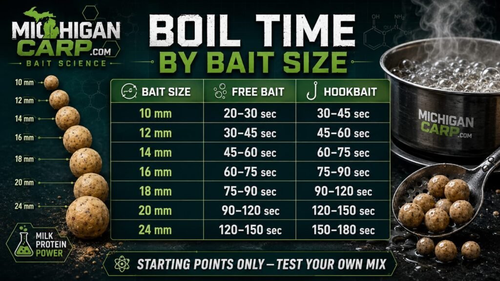 Boilie boil time by size chart for milk protein baits showing 10mm 12mm 14mm 16mm 18mm 20mm and 24mm boilies