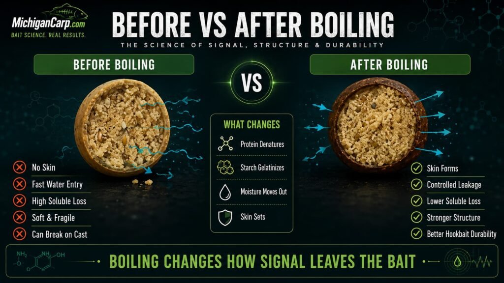 Before and after boiling leakage diagram for milk protein boilies showing soluble loss bait skin water movement and controlled leakage