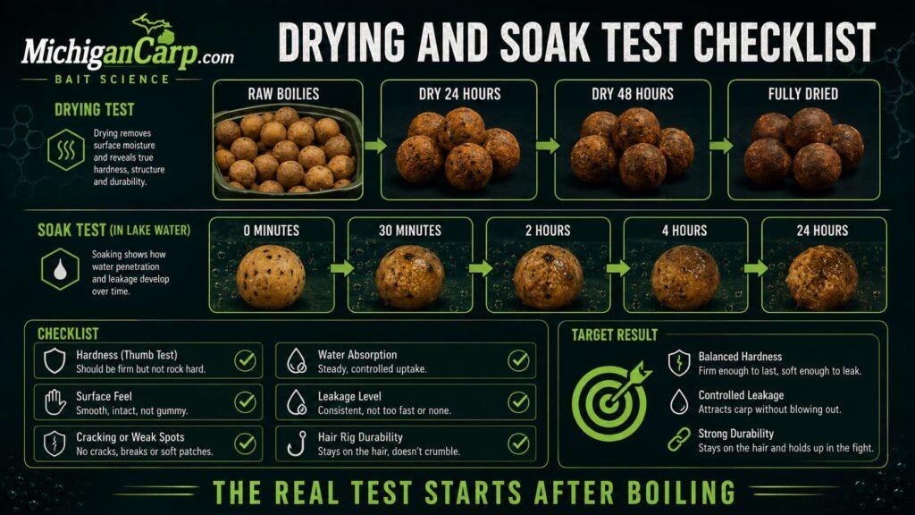 Milk protein boilie drying and soak test checklist showing 24 hour drying 48 hour drying soak test hardness leakage cracking and hair rig durability