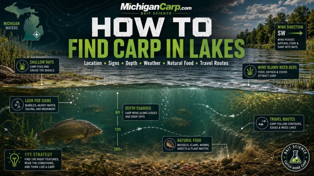 How to find carp in lakes showing weed beds shallow bays depth changes wind direction bubbles natural food travel routes and Michigan carp location strategy