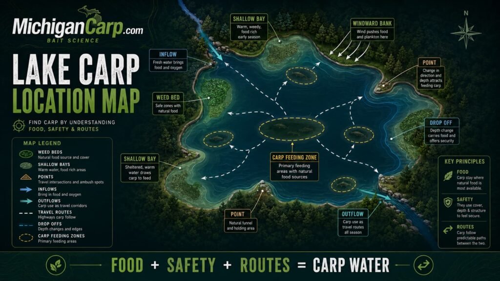 Lake carp location map guide showing weed beds shallow bays points inflows outflows drop offs windward banks travel routes and carp feeding zones