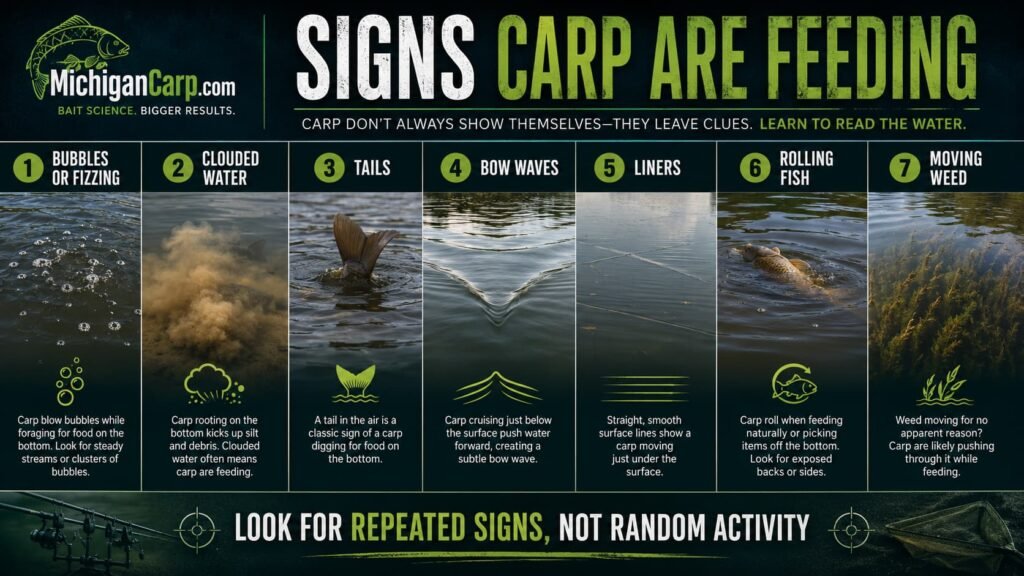 Signs carp are feeding in lakes showing bubbles fizzing clouded water tails bow waves liners rolling fish and moving weed